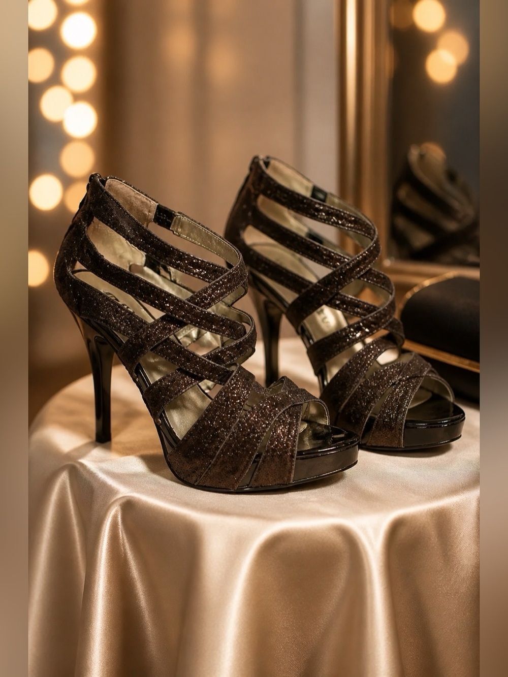 GUESS PEWTER METALLIC HIGH HEEL SANDALS SIZE 8M